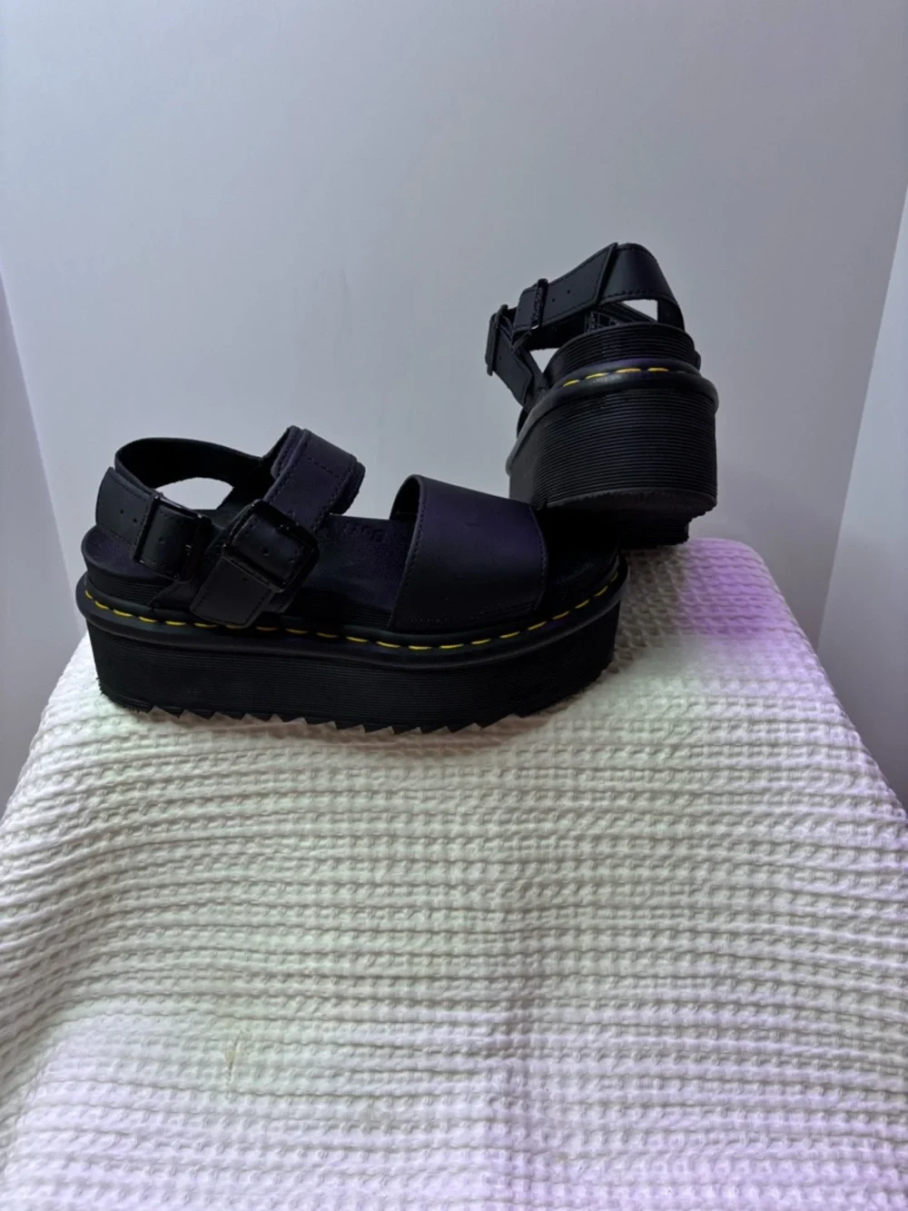 Dr. Martens Voss Quad Black Platform Sandals with Yellow Stitching Size 7